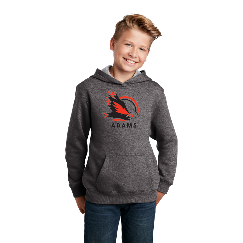   YST254 Sport-Tek® Youth Pullover Hooded Sweatshirt; black ADAMS ELEMENTARY logo on RED; WHITE logo on GRAY